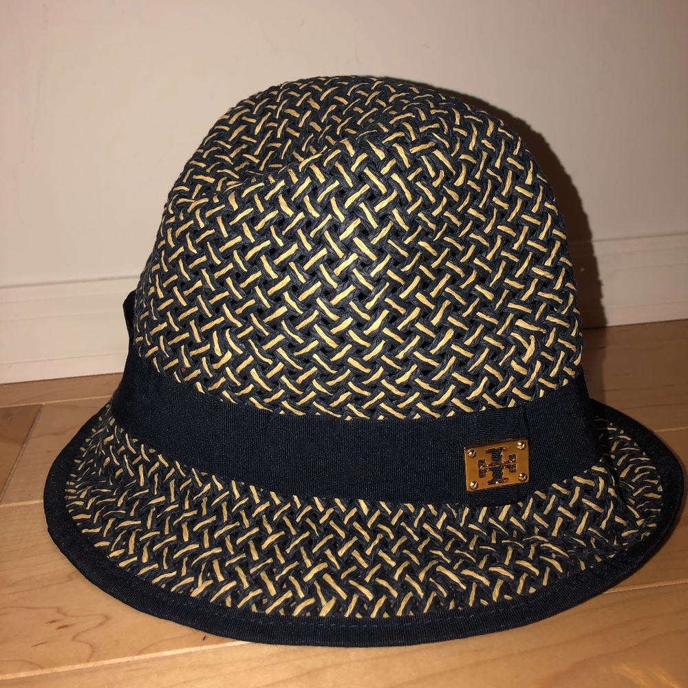 Tory Burch Navy Woven Paper Fedora Hat